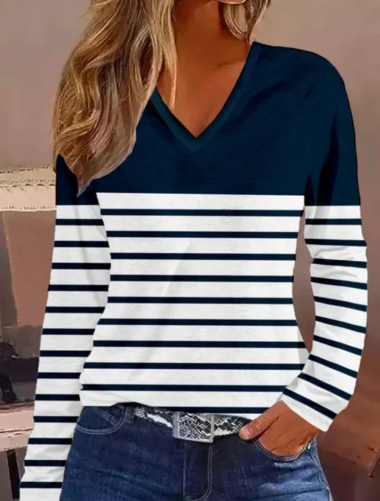 Sale Women's T shirt Long Sleeve V Neck Long Sleeve Tunic Striped Basic Regular Tops Daily Weekend Print Fall & Winter Prefall Women T-Shirts