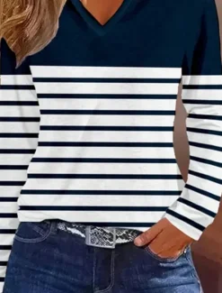 Sale Women's T shirt Long Sleeve V Neck Long Sleeve Tunic Striped Basic Regular Tops Daily Weekend Print Fall & Winter Prefall Women T-Shirts
