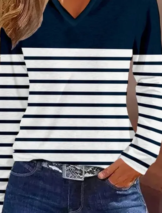 Sale Women's T shirt Long Sleeve V Neck Long Sleeve Tunic Striped Basic Regular Tops Daily Weekend Print Fall & Winter Prefall Women T-Shirts