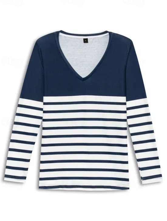 Sale Women's T shirt Long Sleeve V Neck Long Sleeve Tunic Striped Basic Regular Tops Daily Weekend Print Fall & Winter Prefall Women T-Shirts