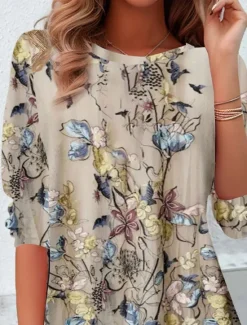 Hot Women's T shirt Long Sleeve Crew Neck Long Sleeve Tunic Floral Casual Regular Tops Daily Print Spring Fall Prefall Women Spring Tops