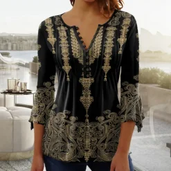 Sale Women's T shirt Long Sleeve Blouse Graphic Vintage Basic Long Sleeve Round Neck Regular Tops Casual Weekend Buttons Print Spring Fall Prefall Women Tunic Tops|Boho Tops