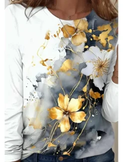 Best Women's T shirt Long Sleeve Crew Neck Long Sleeve Tunic Floral Graphic Casual Regular Tops Daily Print Spring Fall Prefall Women T-Shirts|Spring Tops