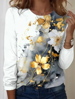 Best Women's T shirt Long Sleeve Crew Neck Long Sleeve Tunic Floral Graphic Casual Regular Tops Daily Print Spring Fall Prefall Women T-Shirts|Spring Tops
