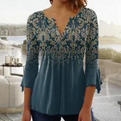 Sale Women's T shirt Long Sleeve Henley T Shirt Blouse Floral Vintage Basic 3/4 Length Sleeve Round Neck Regular Tops Casual Weekend Buttons Print Blue Purple Green Prefall Women Tunic Tops|Boho Tops