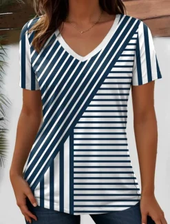 Hot Women's T Shirt Ocean Striped Casual Short Sleeve V Neck Regular Tops Daily Going out Weekend Print Summer Women T-Shirts