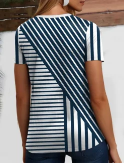 Hot Women's T Shirt Ocean Striped Casual Short Sleeve V Neck Regular Tops Daily Going out Weekend Print Summer Women T-Shirts