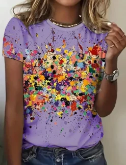 Women's T Shirt Ombre Casual Short Sleeve Round Neck Regular Tops Daily Print Purple Beige Summer Women T-Shirts