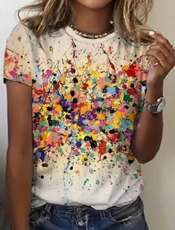 Women's T Shirt Ombre Casual Short Sleeve Round Neck Regular Tops Daily Print Purple Beige Summer Women T-Shirts