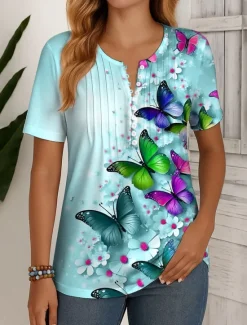 Best Women's T Shirt Ombre Floral Graphic Vintage Stylish Classic Short Sleeve Round Neck Regular Tops Daily Weekend Beach Wear Buttons Smocked Print Red Purple Green Summer Spring Women T-Shirts