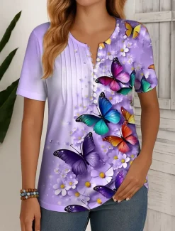 Best Women's T Shirt Ombre Floral Graphic Vintage Stylish Classic Short Sleeve Round Neck Regular Tops Daily Weekend Beach Wear Buttons Smocked Print Red Purple Green Summer Spring Women T-Shirts