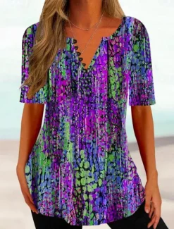 Women's T Shirt Ombre Floral Basic Short Sleeve Round Neck Regular Tops Daily Going out Weekend Buttons Print Blue Purple Fuchsia Summer Spring Women T-Shirts