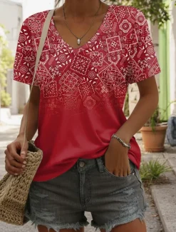New Women's T Shirt Ombre Floral Graphic Casual Short Sleeve V Neck Regular Tops Daily Print Yellow Red Blue Summer Spring Women Boho Tops