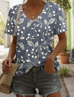 New Women's T Shirt Ombre Floral Graphic Casual Short Sleeve V Neck Regular Tops Daily Print Yellow Red Blue Summer Spring Women Boho Tops