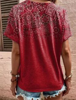 Online Women's T Shirt Ombre Graphic Geometric Casual Short Sleeve V Neck Regular Tops Daily Print Red Purple Green Summer Women Boho Tops