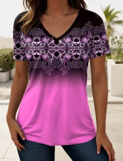 Women's T Shirt Ombre Graphic Geometric Vintage Stylish Casual Short Sleeve V Neck Regular Tops Daily Print Blue Purple Green Summer Spring Women Boho Tops