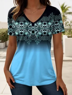 Women's T Shirt Ombre Graphic Geometric Vintage Stylish Casual Short Sleeve V Neck Regular Tops Daily Print Blue Purple Green Summer Spring Women Boho Tops