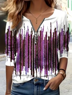Hot Women's T Shirt Ombre Graphic Striped Elegant Vintage Stylish Long Sleeve V Neck Round Neck Notched Neck Regular Tops Daily Weekend Zipper Print Blue Fuchsia Green Spring Fall Winter Women T-Shirts