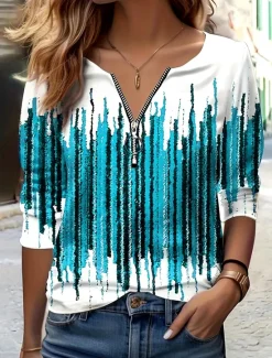 Hot Women's T Shirt Ombre Graphic Striped Elegant Vintage Stylish Long Sleeve V Neck Round Neck Notched Neck Regular Tops Daily Weekend Zipper Print Blue Fuchsia Green Spring Fall Winter Women T-Shirts