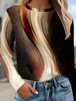 Best Women's T Shirt Ombre Graphic Abstract Vintage Stylish Classic Long Sleeve Crew Neck Round Neck Regular Tops Daily Print Summer Spring Fall Women T-Shirts