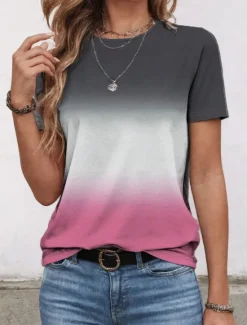 Sale Women's T Shirt Ombre Stylish Short Sleeve Crew Neck Regular Tops Daily Summer Women T-Shirts