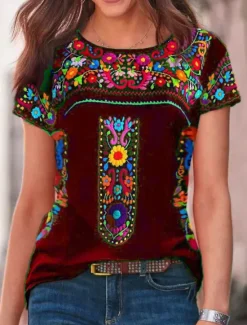 Sale Women's T Shirt Peasant Blouse Floral Bohemia Active Western Short Sleeve Crew Neck Regular Tops Daily Print Black Wine Blue Gray Summer Women Boho Tops