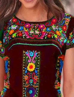 Sale Women's T Shirt Peasant Blouse Floral Bohemia Active Western Short Sleeve Crew Neck Regular Tops Daily Print Black Wine Blue Gray Summer Women Boho Tops