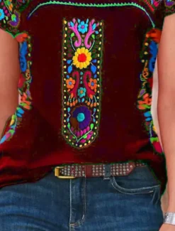 Sale Women's T Shirt Peasant Blouse Floral Bohemia Active Western Short Sleeve Crew Neck Regular Tops Daily Print Black Wine Blue Gray Summer Women Boho Tops