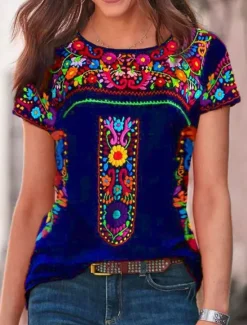 Sale Women's T Shirt Peasant Blouse Floral Bohemia Active Western Short Sleeve Crew Neck Regular Tops Daily Print Black Wine Blue Gray Summer Women Boho Tops