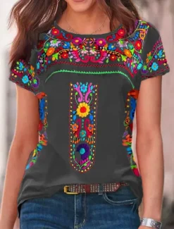Sale Women's T Shirt Peasant Blouse Floral Bohemia Active Western Short Sleeve Crew Neck Regular Tops Daily Print Black Wine Blue Gray Summer Women Boho Tops