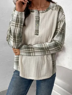 Sale Women's T Shirt Plaid Fashion Modern Casual Long Sleeve Crew Neck Regular Tops Daily Weekend Patchwork Buttons Print Fall Winter Women T-Shirts