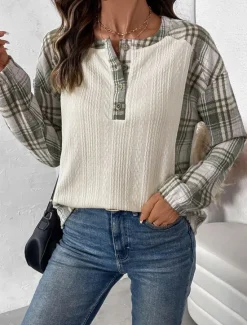 Sale Women's T Shirt Plaid Fashion Modern Casual Long Sleeve Crew Neck Regular Tops Daily Weekend Patchwork Buttons Print Fall Winter Women T-Shirts