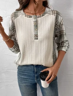 Sale Women's T Shirt Plaid Fashion Modern Casual Long Sleeve Crew Neck Regular Tops Daily Weekend Patchwork Buttons Print Fall Winter Women T-Shirts