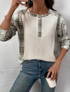 Sale Women's T Shirt Plaid Fashion Modern Casual Long Sleeve Crew Neck Regular Tops Daily Weekend Patchwork Buttons Print Fall Winter Women T-Shirts