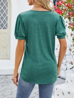 Clearance Women's T Shirt Plain Basic Casual Short Sleeve V Neck Regular Tops Daily Weekend Ruffle Buttons Wine Green Summer Women T-Shirts