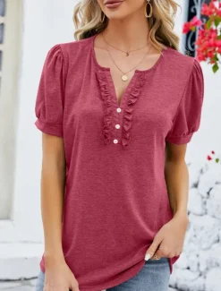 Clearance Women's T Shirt Plain Basic Casual Short Sleeve V Neck Regular Tops Daily Weekend Ruffle Buttons Wine Green Summer Women T-Shirts
