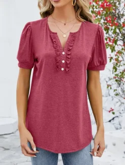 Clearance Women's T Shirt Plain Basic Casual Short Sleeve V Neck Regular Tops Daily Weekend Ruffle Buttons Wine Green Summer Women T-Shirts