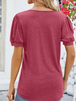 Clearance Women's T Shirt Plain Basic Casual Short Sleeve V Neck Regular Tops Daily Weekend Ruffle Buttons Wine Green Summer Women T-Shirts