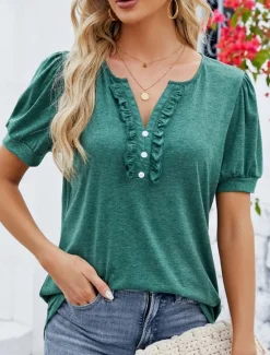 Clearance Women's T Shirt Plain Basic Casual Short Sleeve V Neck Regular Tops Daily Weekend Ruffle Buttons Wine Green Summer Women T-Shirts