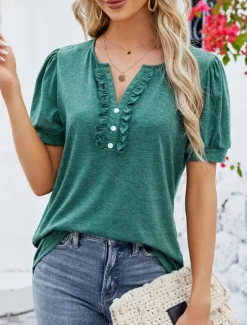 Clearance Women's T Shirt Plain Basic Casual Short Sleeve V Neck Regular Tops Daily Weekend Ruffle Buttons Wine Green Summer Women T-Shirts