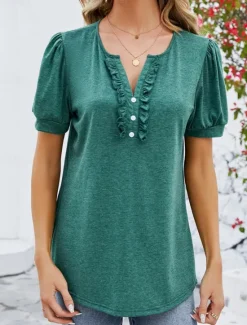 Clearance Women's T Shirt Plain Basic Casual Short Sleeve V Neck Regular Tops Daily Weekend Ruffle Buttons Wine Green Summer Women T-Shirts