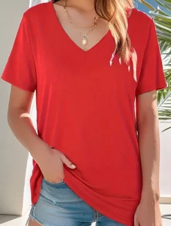 Sale Women's T Shirt Plain Basic Long Sleeve Flutter Sleeve V Neck Regular Tops Daily Sports Patchwork Black White Light Green Red Dark Green Summer Spring Fall Women T-Shirts