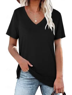 Sale Women's T Shirt Plain Basic Long Sleeve Flutter Sleeve V Neck Regular Tops Daily Sports Patchwork Black White Light Green Red Dark Green Summer Spring Fall Women T-Shirts