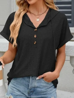 Outlet Women's T Shirt Plain Basic Casual Short Sleeve V Neck Regular Tops Daily Weekend Buttons Eyelet Black White Pink Rose Pink Summer Women T-Shirts