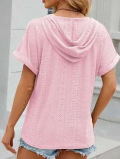 Outlet Women's T Shirt Plain Basic Casual Short Sleeve V Neck Regular Tops Daily Weekend Buttons Eyelet Black White Pink Rose Pink Summer Women T-Shirts