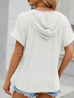 Outlet Women's T Shirt Plain Basic Casual Short Sleeve V Neck Regular Tops Daily Weekend Buttons Eyelet Black White Pink Rose Pink Summer Women T-Shirts