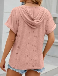 Outlet Women's T Shirt Plain Basic Casual Short Sleeve V Neck Regular Tops Daily Weekend Buttons Eyelet Black White Pink Rose Pink Summer Women T-Shirts