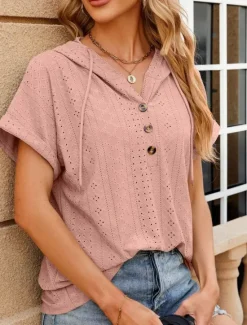 Outlet Women's T Shirt Plain Basic Casual Short Sleeve V Neck Regular Tops Daily Weekend Buttons Eyelet Black White Pink Rose Pink Summer Women T-Shirts