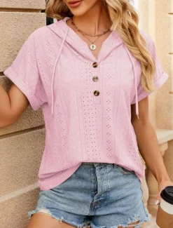 Outlet Women's T Shirt Plain Basic Casual Short Sleeve V Neck Regular Tops Daily Weekend Buttons Eyelet Black White Pink Rose Pink Summer Women T-Shirts