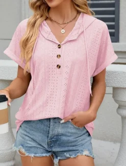 Outlet Women's T Shirt Plain Basic Casual Short Sleeve V Neck Regular Tops Daily Weekend Buttons Eyelet Black White Pink Rose Pink Summer Women T-Shirts